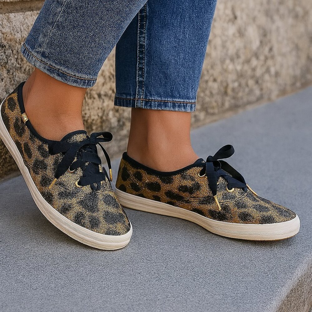 Keds x Kate Spade Glitter Leopard Sneakers Gold Black Ribbon Laces Size 6 EUC - Picture 3 of 14